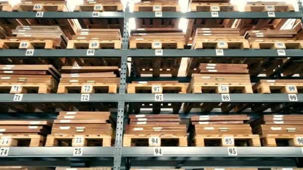 Magazynowanie Towarów Drewnianych Półkach Dużego Magazynu Przechowywanie Pudełek Kartonowych Paletach — Wideo stockowe