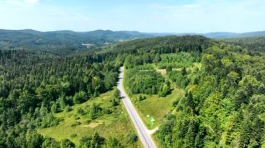 Yazın dağlarda güzel manzara ve doğa. Arabalar için yeşil ormanlar ve turist yolu