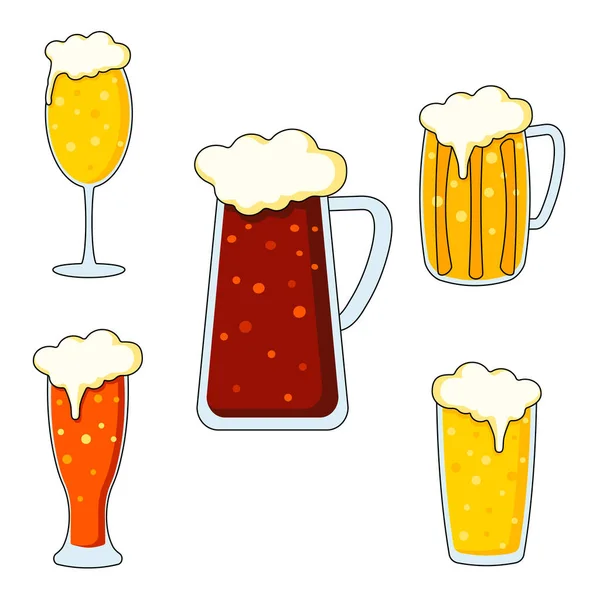 矢量以扁平的方式排列 不同类型的杯子杯 有深色和浅色的啤酒 — 图库矢量图片