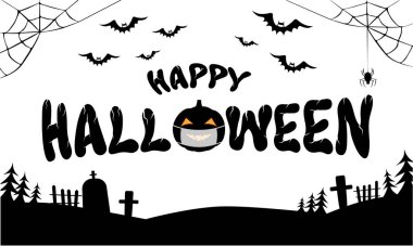 Düz bir şekilde vektör tasarımı. Mutlu Cadılar Bayramı. Tüm karakterler Covid-19 bulaşmasın diye koruyucu maskeler takıyor. Web tasarımı, kartlar, posterler, baskılar, davetiyeler için kullanılabilir..