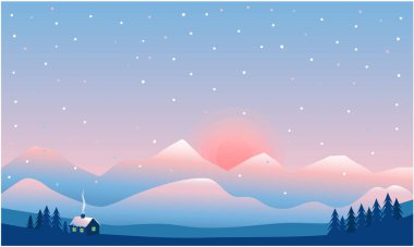 Düz bir şekilde vektör illüstrasyonu. Kış, dağ manzarası köknar ağaçları, dağların eteğinde bir ev.