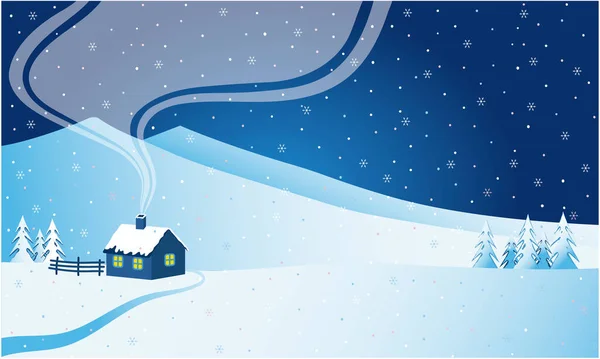 Εικονογράφηση Διάνυσμα Επίπεδο Στυλ Χειμώνας Ορεινό Τοπίο Έλατα Ένα Σπίτι — Διανυσματικό Αρχείο
