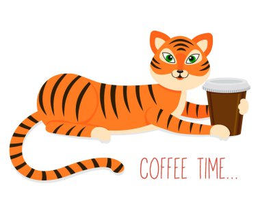 Bir kupa kahveyle kaplan yavrusu. Düz stili olan vektör kaplan yavrusu. Tekstil baskıları, çocuk posterleri, baskılar için çizimler.