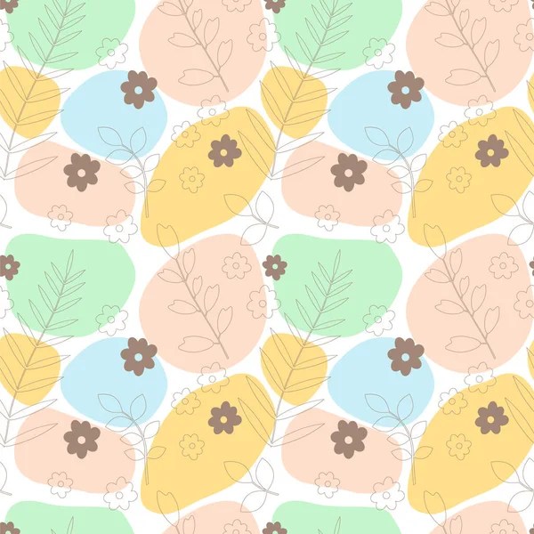 Motif Vectoriel Sans Couture Composé Taches Multicolores Feuilles Fleurs Linéaires — Image vectorielle