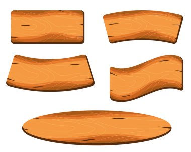 Tahta tahtalar, tahta kurusıkı, yazıtlar için klasik plakalar içeren düz bir vektör seti. İleti veya yön işaretleri için pankartlar.