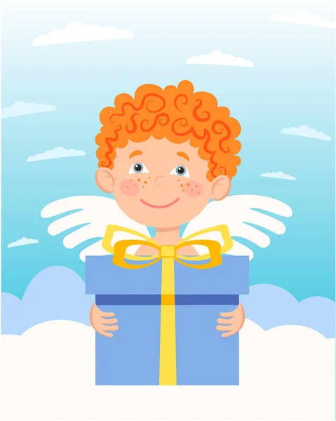 Angel Cloud Holding Gift Box Vector Character Flat Style Element — Stock Vector