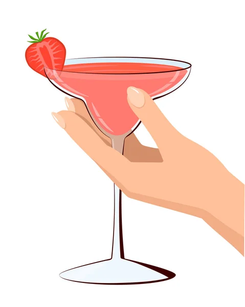 Female Hand Glass Strawberry Daiquiri Vector Element Flat Style — 图库矢量图片