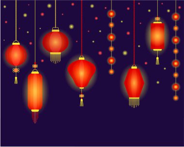 Çin fenerleri asılıydı. Çin Yeni Yılı için dekoratif eşyalar, festivaller veya tatil geçmişi. Düz bir şekilde vektör illüstrasyonu.
