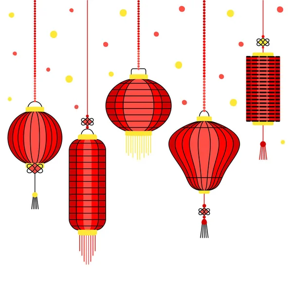 Conjunto Lanternas Suspensas Chinesas Itens Decorativos Para Ano Novo Chinês — Vetor de Stock