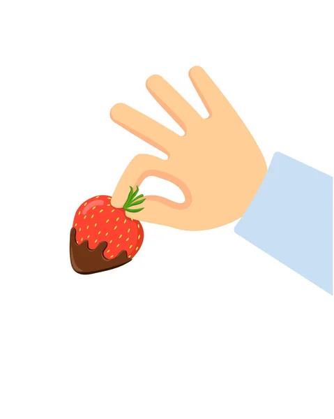 Eine Hand Hält Erdbeeren Dunkler Schokolade Vektor Designelement Flachen Stil — Stockvektor