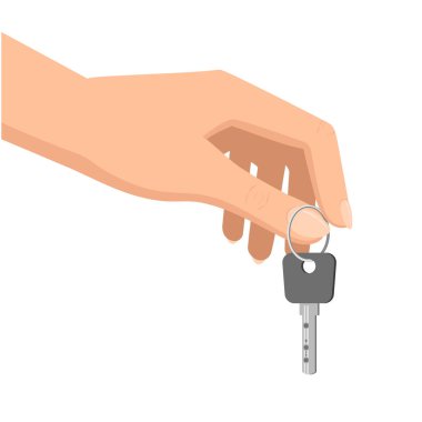 Bir kadının eli anahtarı tutar. Vektör tasarım ögesi, gövde parçası düz biçiminde.