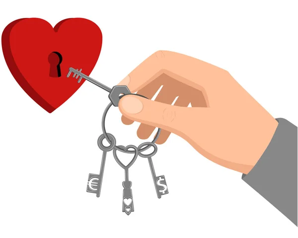 选择心的钥匙 一个人的手拿着一把钥匙 其中一把是想打开心扉 矢量设计元件 体部分为扁平型 — 图库矢量图片