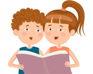 Oğlan ve kız birlikte bir kitap okuyor. Düz bir şekilde vektör illüstrasyonu. Web tasarımı için uygun, çocuk kitapları, Kitap Günü 'nde tebrikler, Bilgi Günü.
