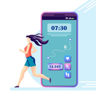 A young girl is running, a smartphone app is tracking her workout.