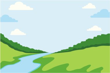 Düz bir şekilde vektör manzarası. Tarla, nehir, bulutlu gökyüzü. Metnin ve reklamların için arkaplan olarak kullanılabilir.