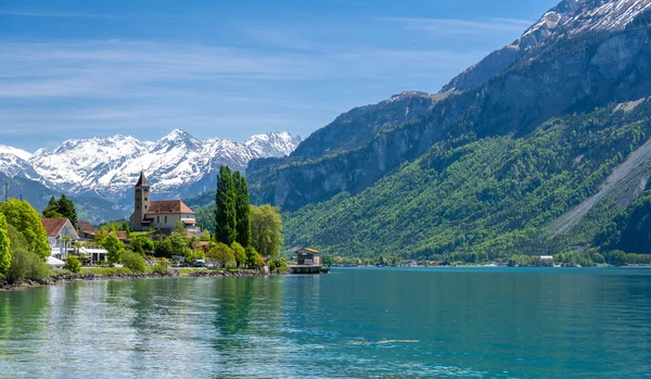 Church Snowy Alps Brienz Lake Switzerland — Stock Photo, Image