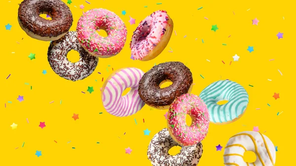 Köstliche glasierte Donuts fallen auf gelbem Hintergrund. — Stockfoto
