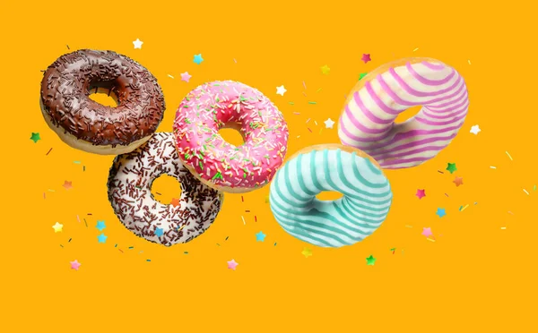 Delicious glazed donuts Falling on orange background. — Stock Photo, Image