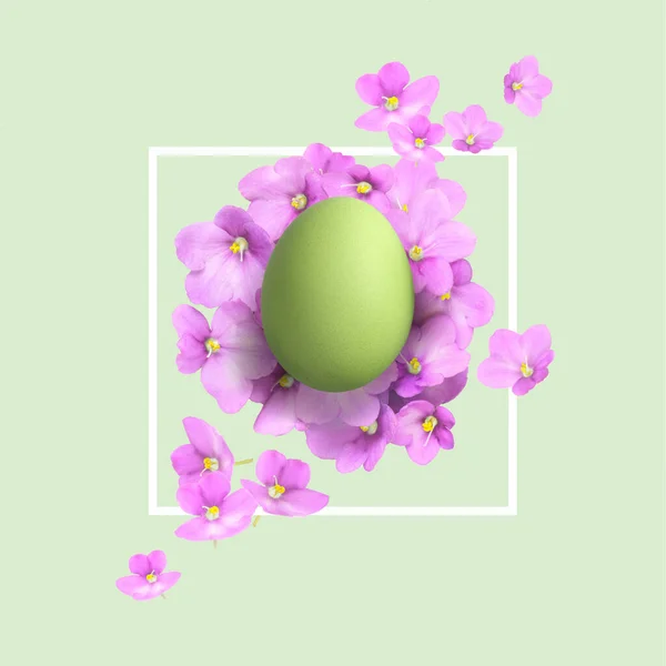 Easter greeting card with green colored egg and pink flowers on light green background — Stock Photo, Image