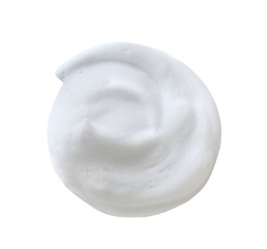 Yüz temizleyici köpük örneği. Beyaz arka planda beyaz köpük temizleyici köpükler. Sabun, şampuan, tıraş köpüğü..