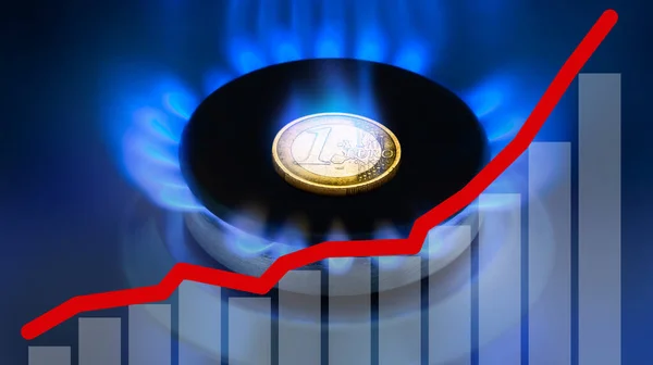Graph of increase natural gas prices. Coin one euro on burner of gas hob