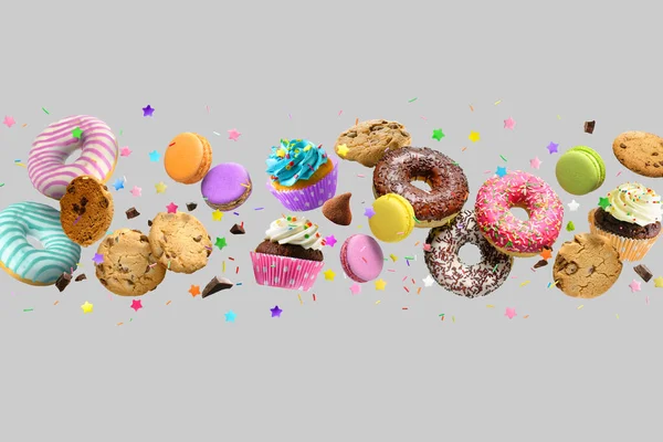 Donuts, cupcakes, cookies, macarons flying on light background. — Stockfoto