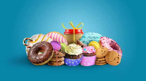Group of Various confectionery on blue background — Stockfoto