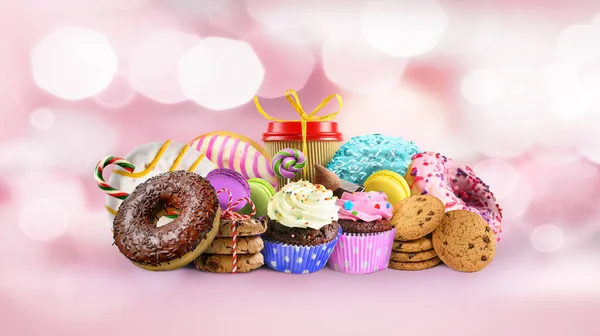 Group of Various confectionery on a pink blurred background — Stockfoto