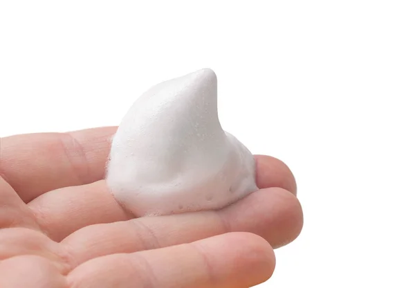White Bubbled Shaving Foam Open Hand Isolated White Background Closeup — Fotografia de Stock