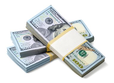 Bundles of Hundred Dollar bills stack isolated on white background. Clipping path no shadow