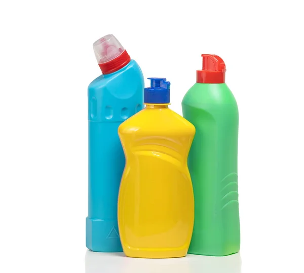 Household Cleaning Products Plastic Bottles Isolated White Background Colorful Plastic — Stockfoto