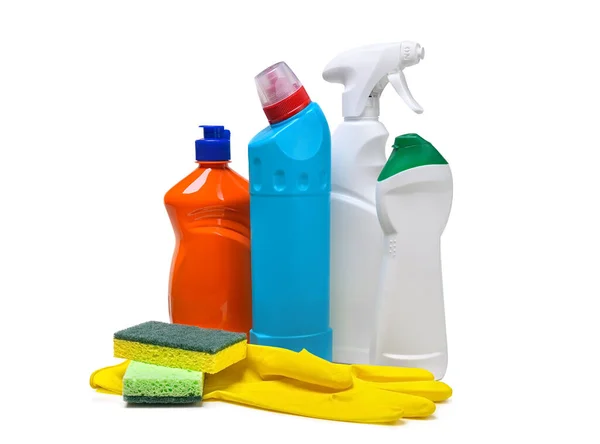 Household Cleaning Products Sponge Gloves Isolated White Background Colorful Plastic — Stockfoto