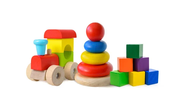 Jouets Bois Coloré Train Pyramide Cubes Colorés Isolés Sur Fond — Photo