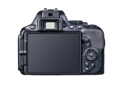 DSLR fotoğraf makinesi arka tarafta ve görüntü bulucu beyaz arkaplanda izole edildi.