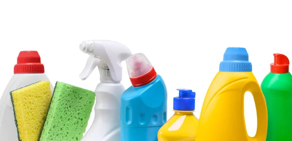 Household Cleaning Products Plastic Bottles Isolated White Background — Stock Photo, Image