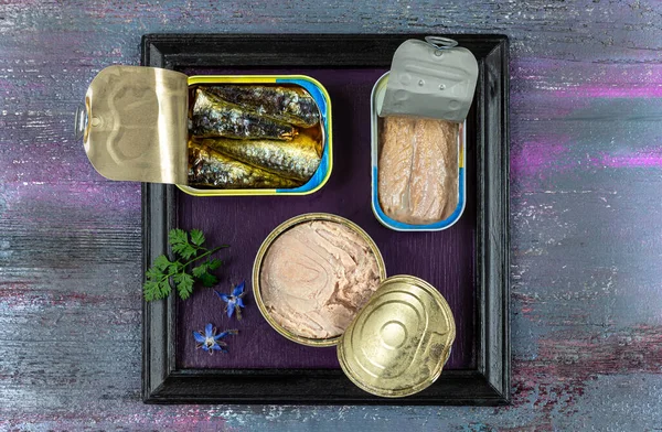 Various canned fish and seafood in a metal cans. in tray Wooden background. Top view — Stock Photo, Image