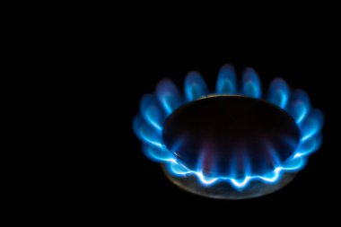Close-up of a burner, blue flames, on a black background.