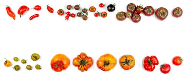 Tomates Velhos Alinhados Fundo Branco Cortado Deixando Espaço Texto Meio — Fotografia de Stock