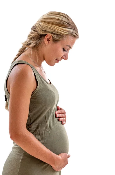 Kehamilan Bulan Tangan Ditempatkan Perut — Stok Foto