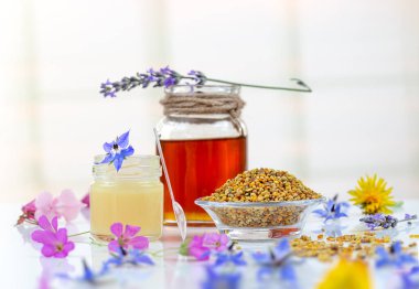 Arı ürünleri. Bal, polen, propolis, taze çiçekler Apioterapi Arıların yaptığı sağlıklı ürünler