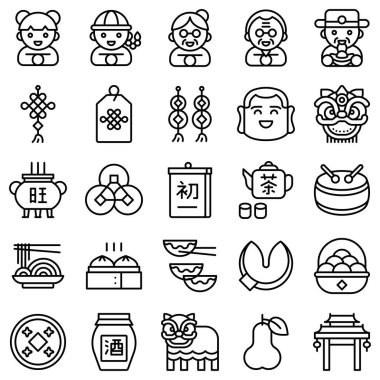 Çin Yeni Yıl çizgisi simgesi seti, vektör illüstrasyonu