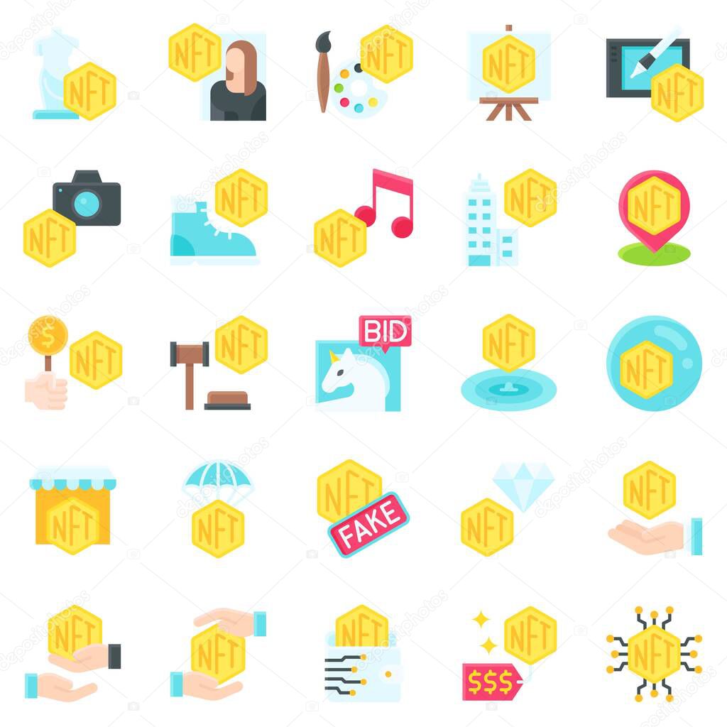Non fungible token related flat icon set, vector illustration