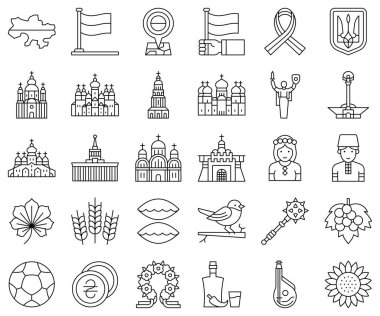 Ukrayna ve Ukrayna bağlantılı çizgi simgesi seti, vektör illüstrasyonu