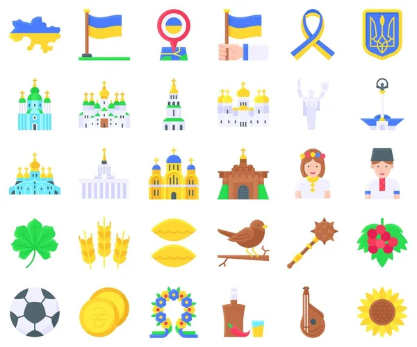 Ucrania Ucranianos Relacionados Conjunto Iconos Planos Ilustración Vectorial — Vector de stock