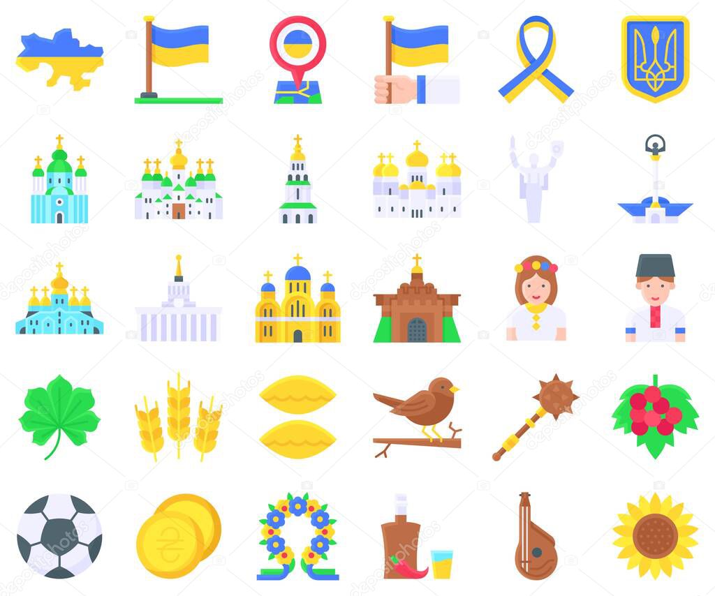 Ukraine and Ukrainians related flat icon set, vector illustration