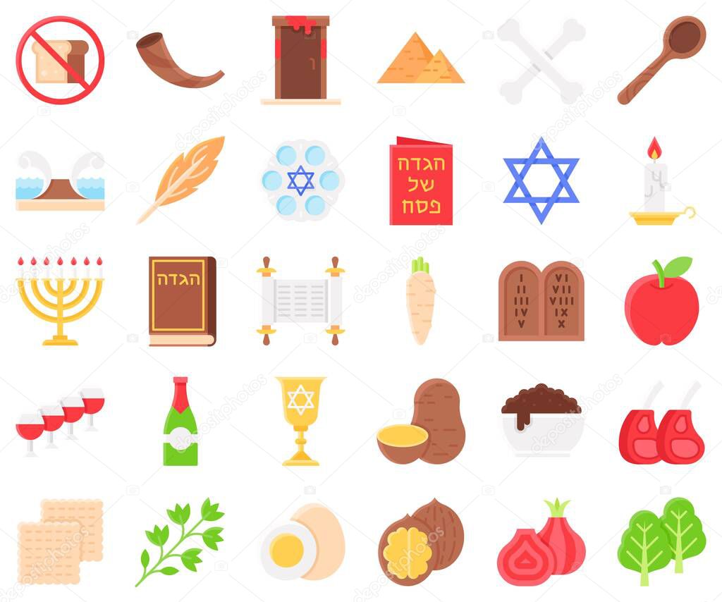 Passover or Pesach related flat icon set, vector illustration