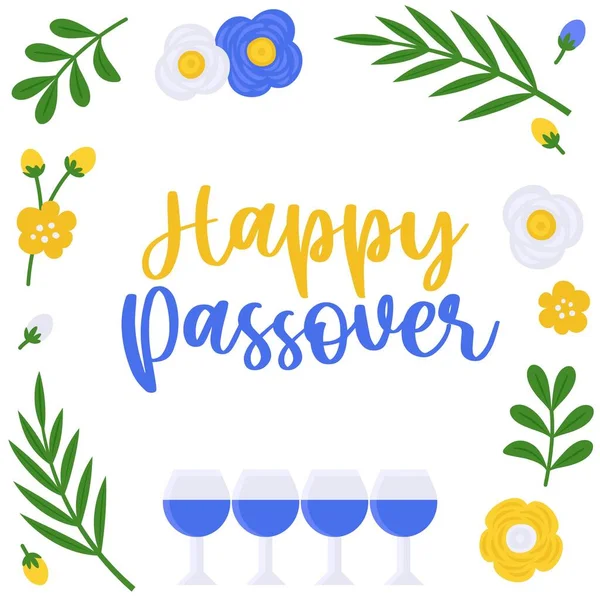 Happy Passover Met Vier Kopjes Wijn Bloem Element Vector Illustratie — Stockvector