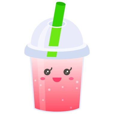 Plastik bardakta çilekli içecek, soğuk içecek vektör çizimi.