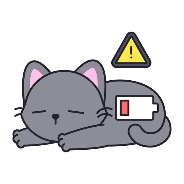 バッテリーの注意アイコンが低いグレーの猫 ベクトルイラスト — ストックベクタ