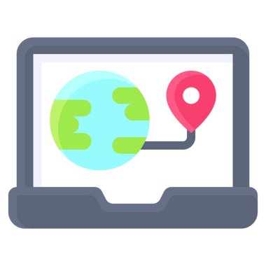 Earth and pin on laptop screen icon, location map and navigation vector illustration
